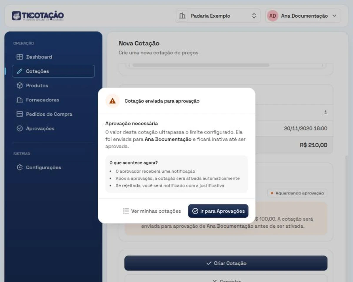 Janela Cotação enviada para aprovação, com o texto Aprovação necessária, o nome do aprovador e a lista O que acontece agora, e os botões Ver minhas cotações e Ir para Aprovações.