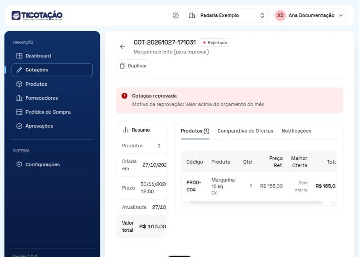 Tela de uma cotação Rejeitada, com o aviso Cotação reprovada e o motivo da reprovação, o resumo e a lista de produtos.