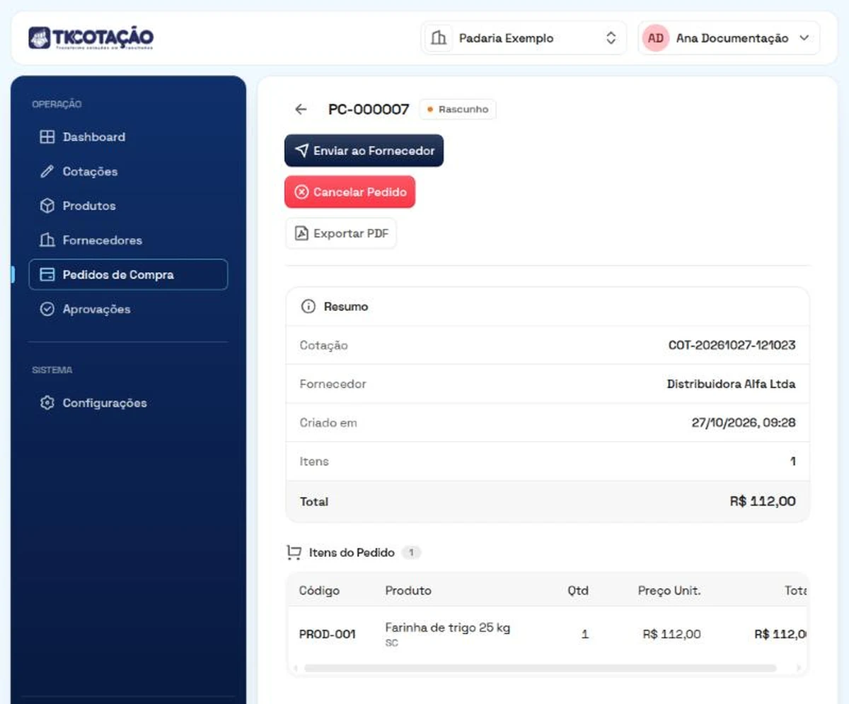 Tela de um pedido de compra em Rascunho, com os botões Enviar ao Fornecedor, Cancelar Pedido e Exportar PDF, o cartão Resumo e a lista dos itens do pedido.