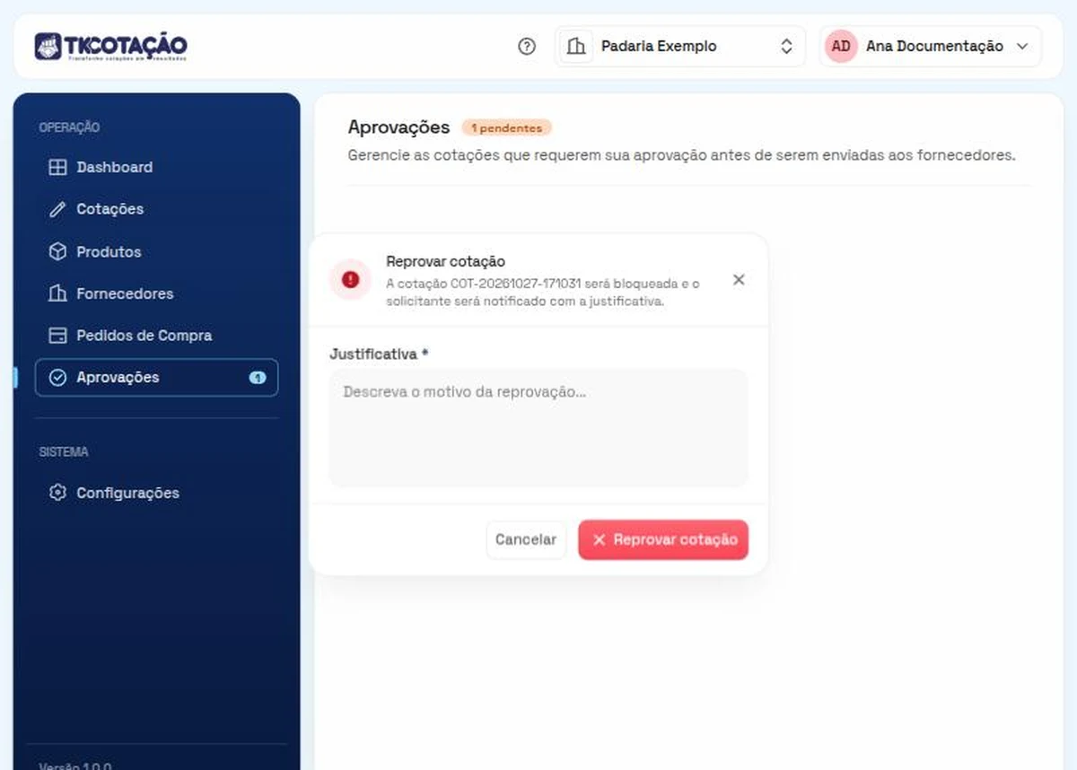 Janela Reprovar cotação, com o aviso de que a cotação será bloqueada, o campo Justificativa e os botões Cancelar e Reprovar cotação.