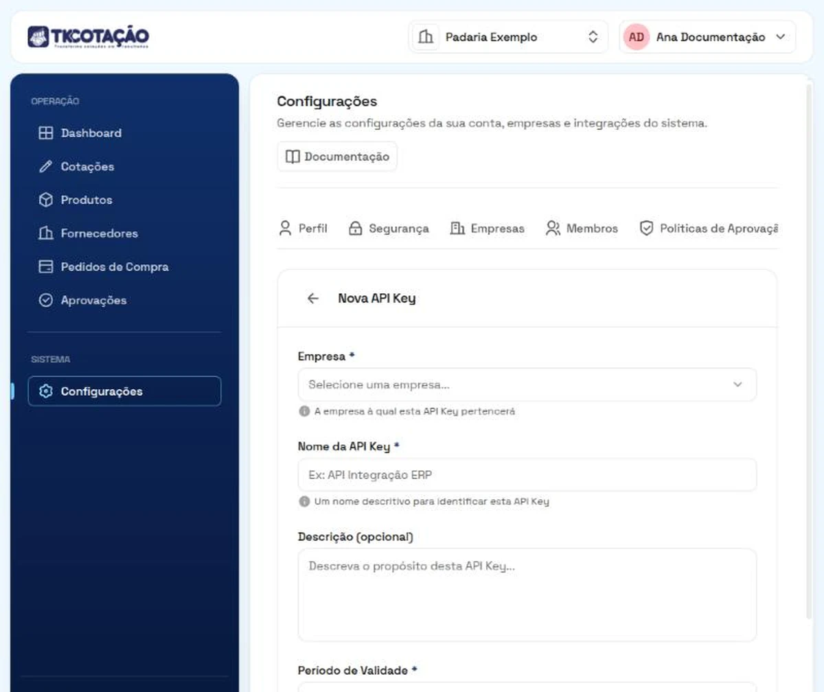 Formulário Nova API Key, com os campos Empresa, Nome da API Key, Descrição e Período de Validade.