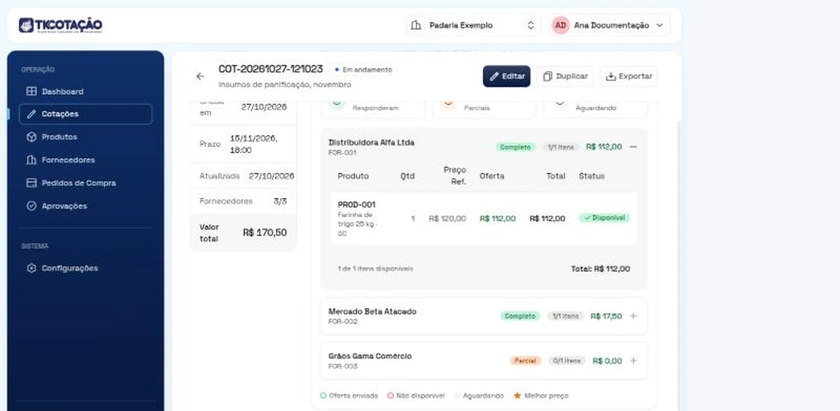 Aba Comparativo de Ofertas de uma cotação, com um fornecedor aberto mostrando o produto, a quantidade, o preço de referência, a oferta e o total, e os outros fornecedores fechados.