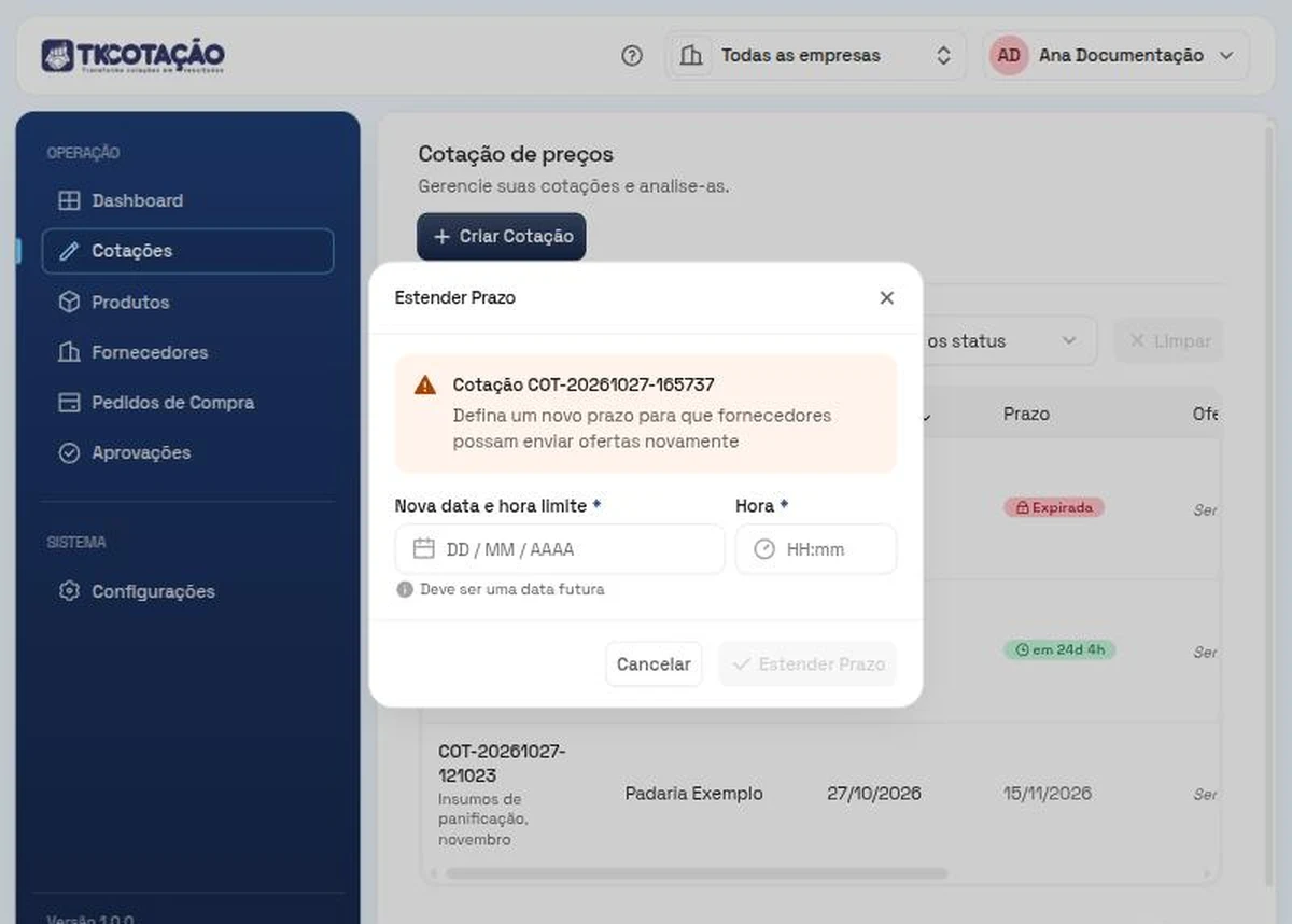 Janela Estender Prazo, com o código da cotação, o texto sobre definir um novo prazo e os campos Nova data e hora limite e Hora.