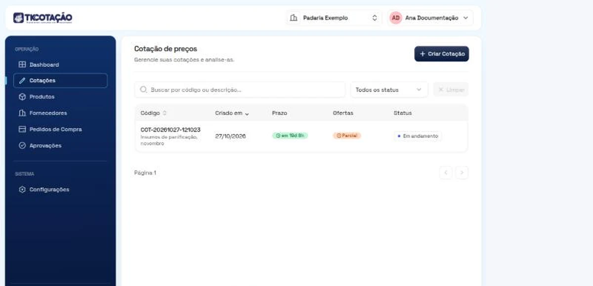 Tela Cotação de preços com o botão Criar Cotação, a busca, o filtro de status e uma cotação na lista, com código, data de criação, prazo, situação das ofertas e status.