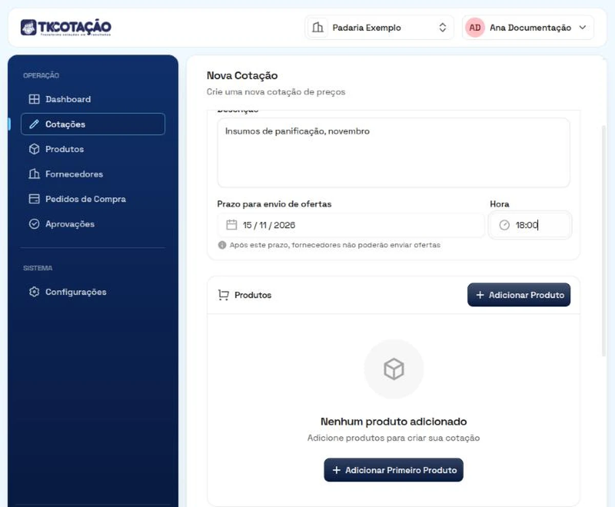 Tela Nova Cotação, com a descrição e o prazo preenchidos e a lista de produtos, e o botão Adicionar Produto.