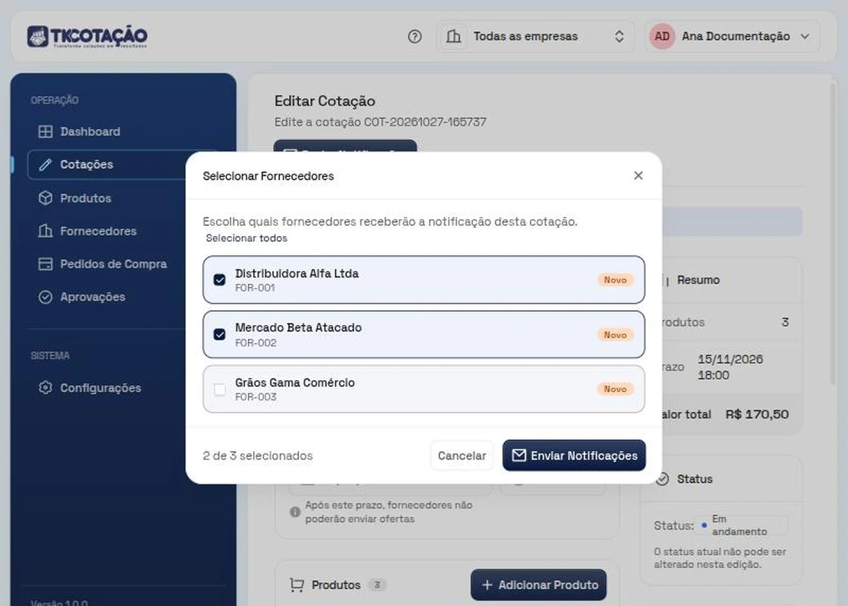 Janela Selecionar Fornecedores, com três fornecedores listados, dois marcados, a etiqueta Novo ao lado de cada um e os botões Cancelar e Enviar Notificações.