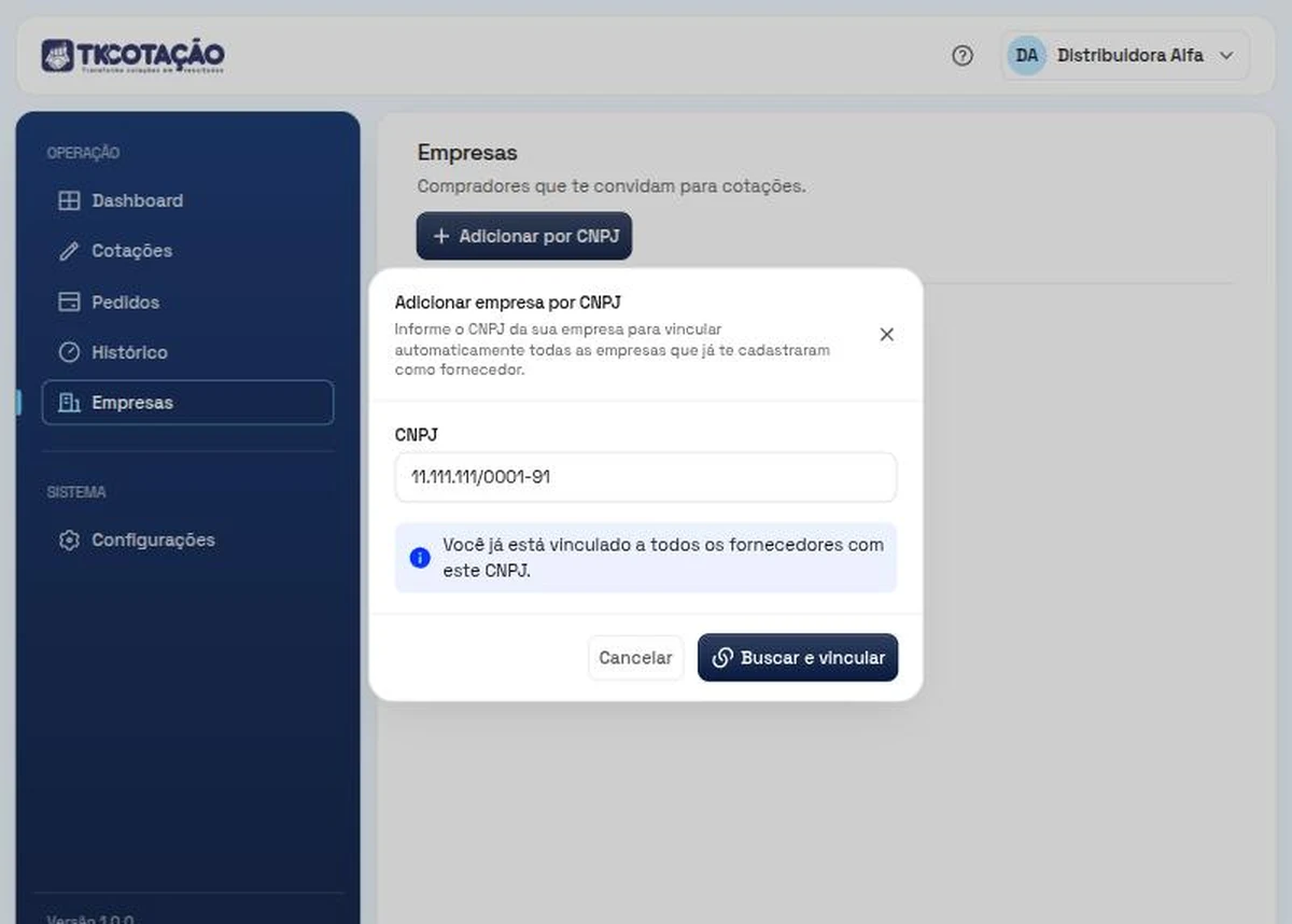 Janela Adicionar empresa por CNPJ, com o CNPJ preenchido, o aviso de que o fornecedor já está vinculado e os botões Cancelar e Buscar e vincular.
