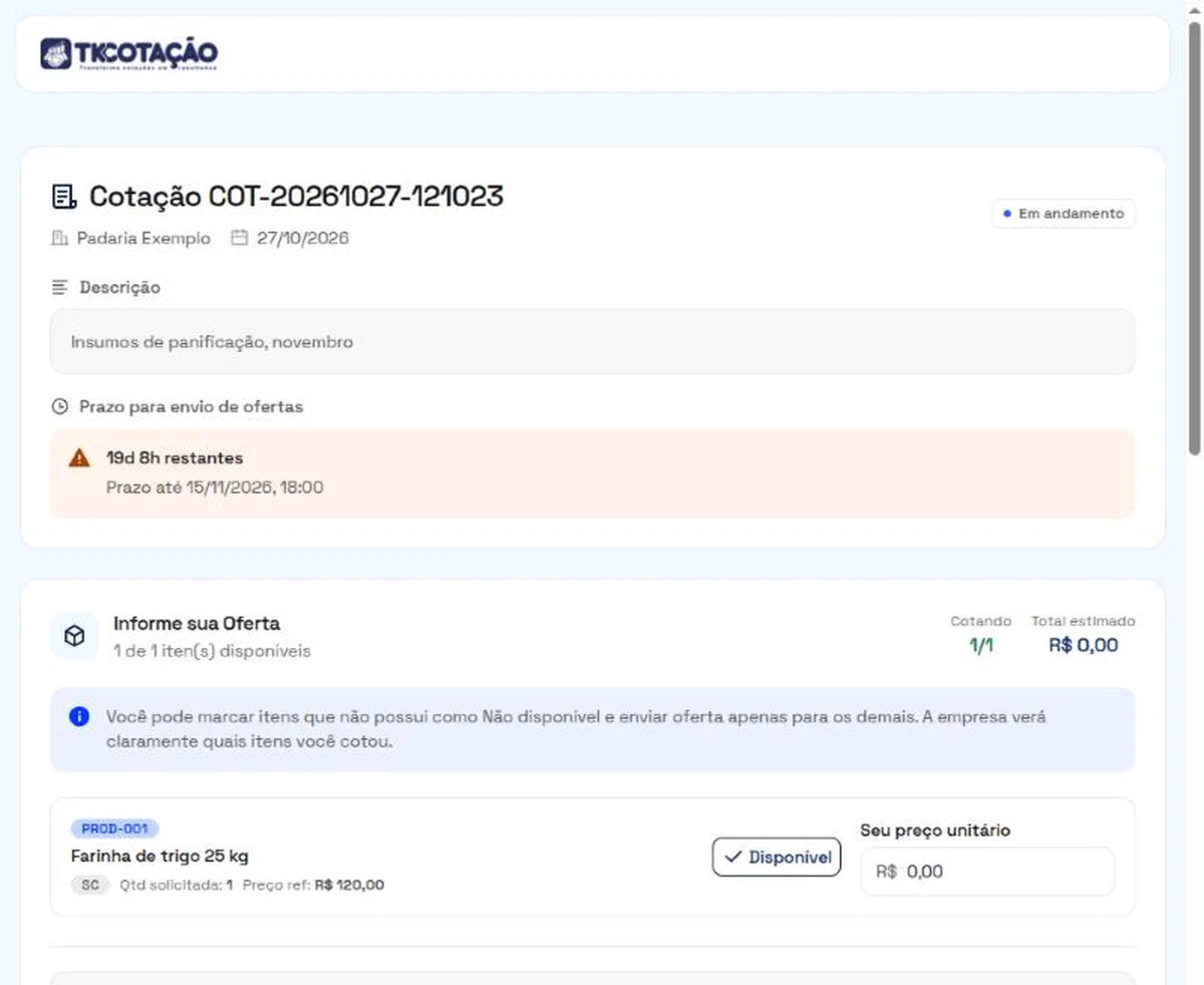 Página da cotação aberta pelo link: código e nome da empresa, descrição, prazo restante e, abaixo, a lista de produtos com o campo Seu preço unitário e o botão Disponível.