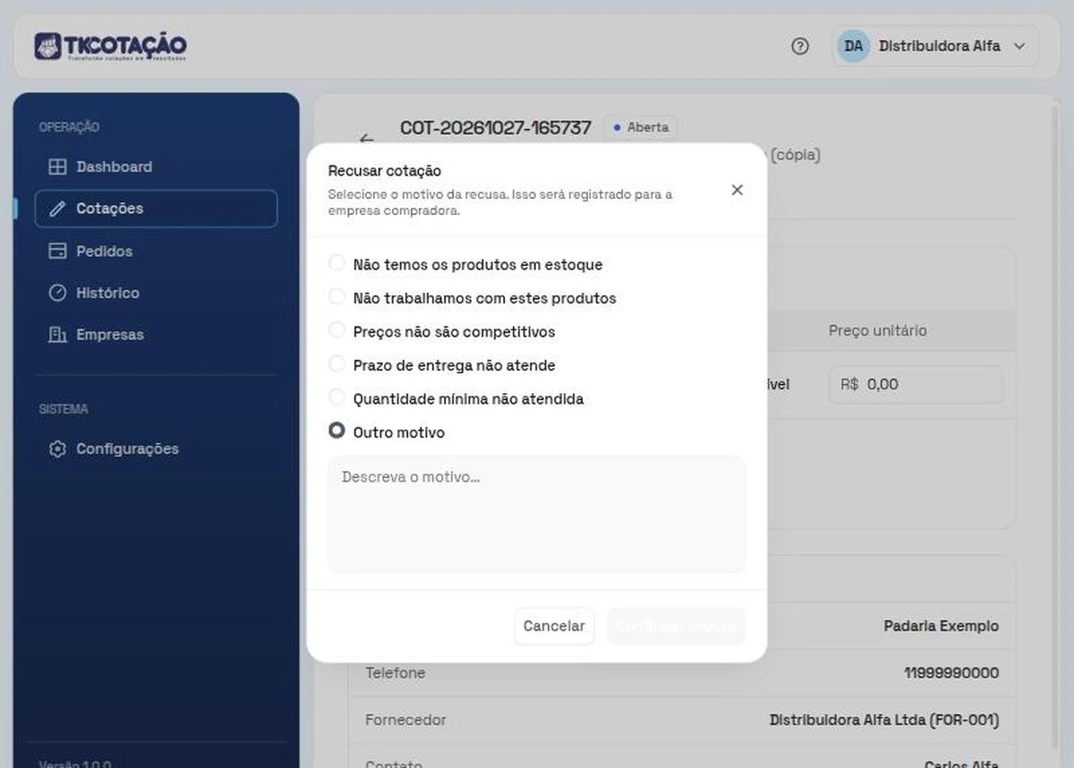 Janela Recusar cotação no portal, com a lista de motivos, a opção Outro motivo marcada e um campo para descrever o motivo.