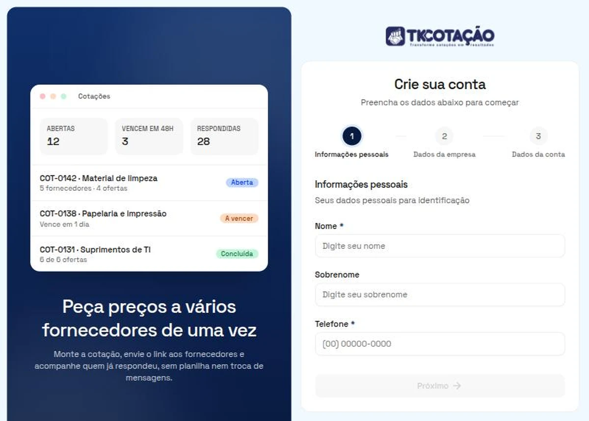 Tela Crie sua conta, na etapa Informações pessoais, com os campos Nome, Sobrenome e Telefone e o botão Próximo, ao lado de um painel com um exemplo da lista de cotações.