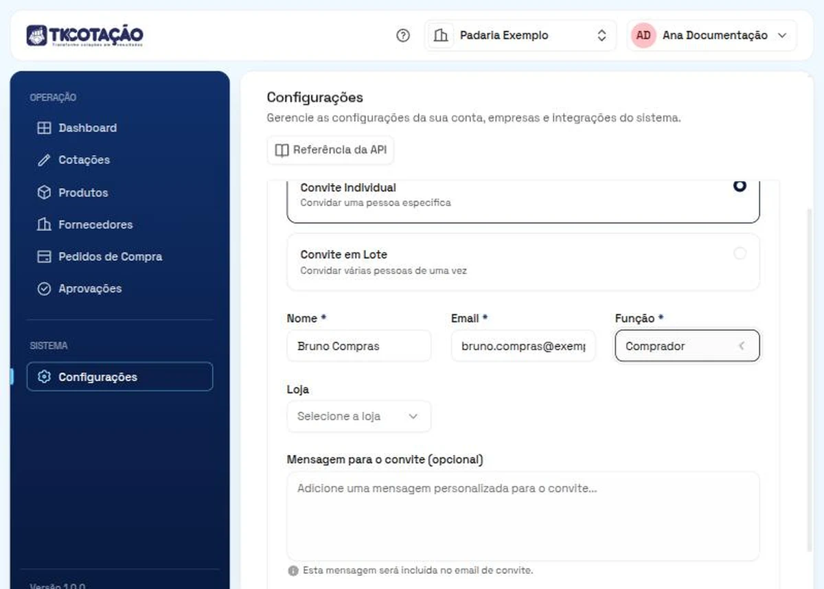 Tela Convidar Membro, com o tipo de convite, os campos Nome, Email e Função preenchidos com Comprador e o campo Loja logo abaixo.