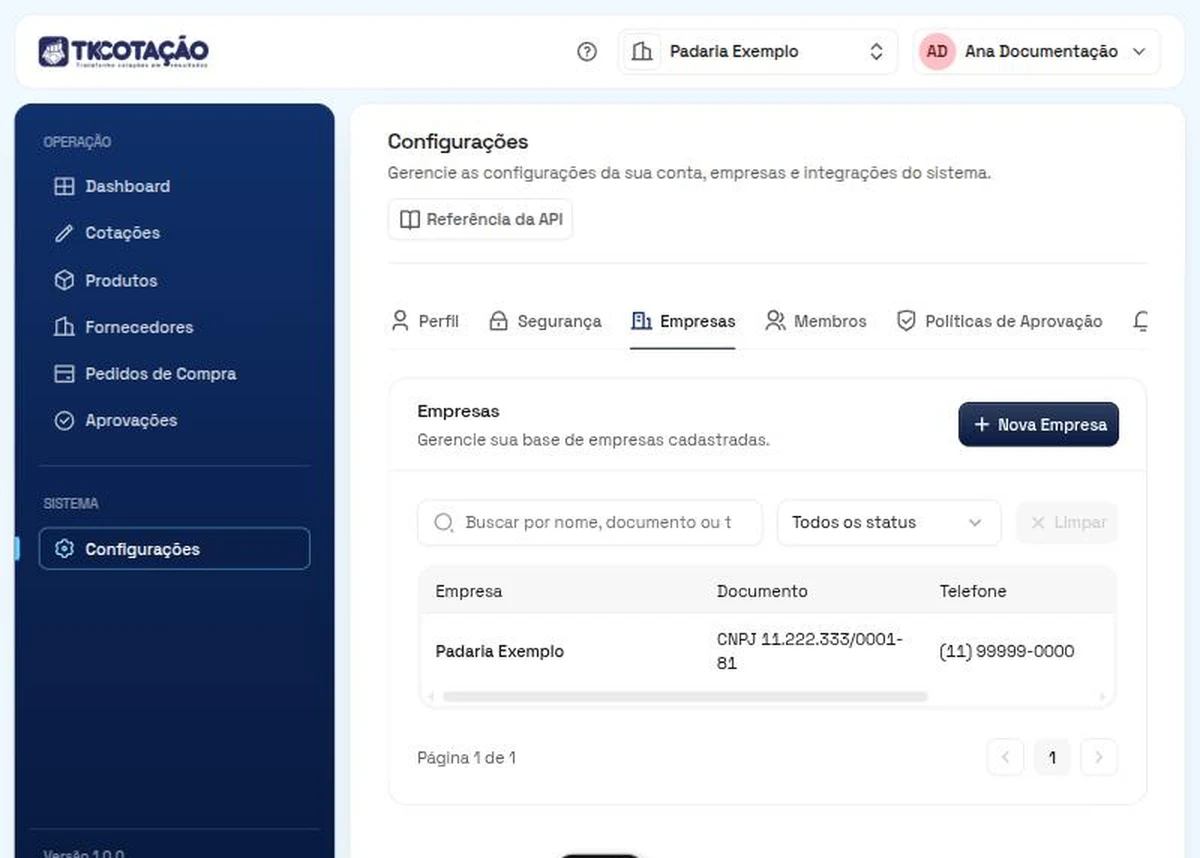 Aba Empresas das Configurações, com a busca, o filtro de status, o botão Nova Empresa e a lista com nome, documento e telefone.