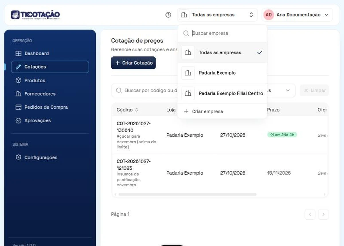 Lista de cotações com o filtro de empresa aberto, mostrando as opções Todas as empresas, Padaria Exemplo e Padaria Exemplo Filial Centro, e a coluna Loja na tabela.