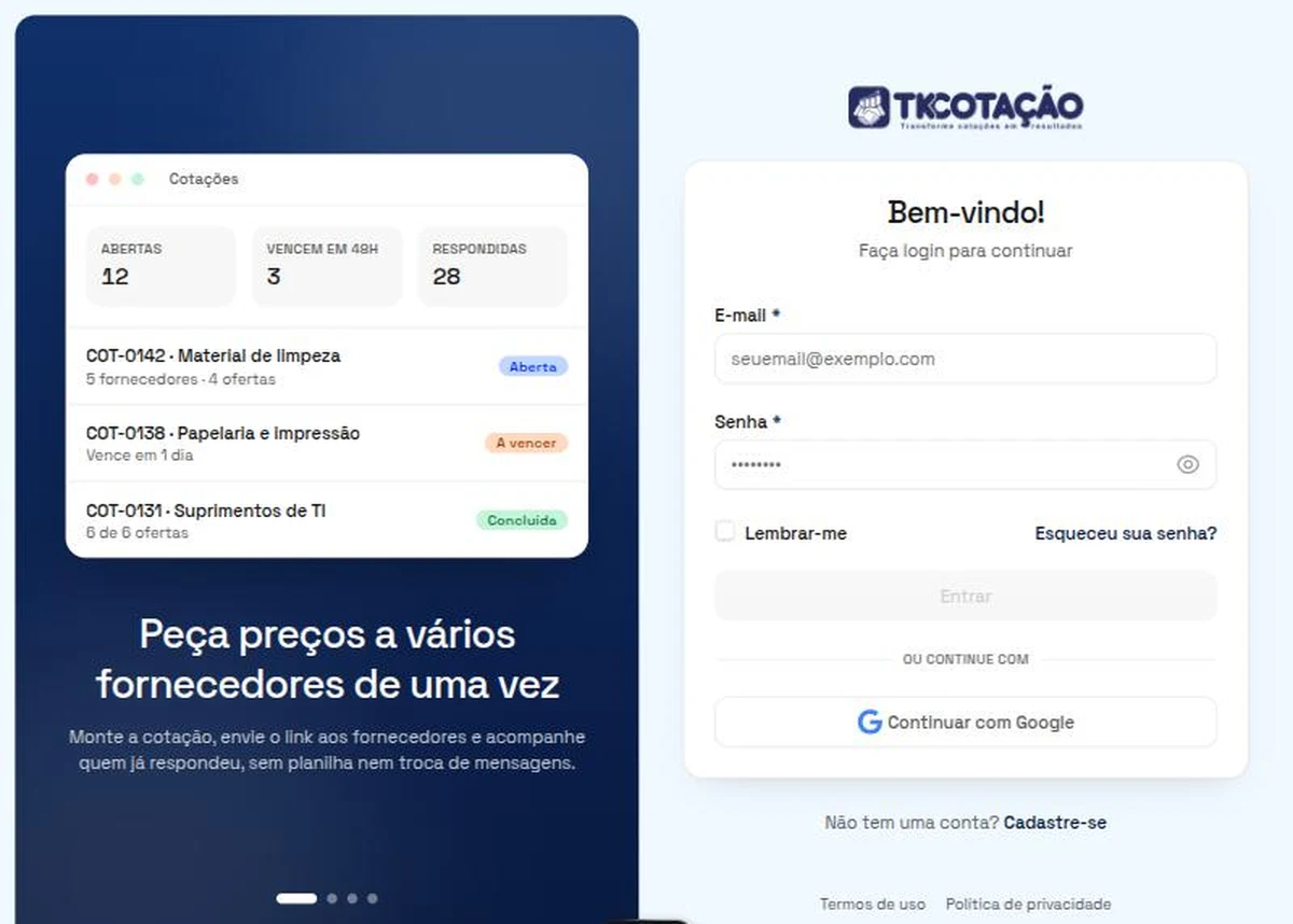 Tela Bem-vindo! com os campos E-mail e Senha, a opção Lembrar-me, o link Esqueceu sua senha?, o botão Entrar e o botão Continuar com Google.