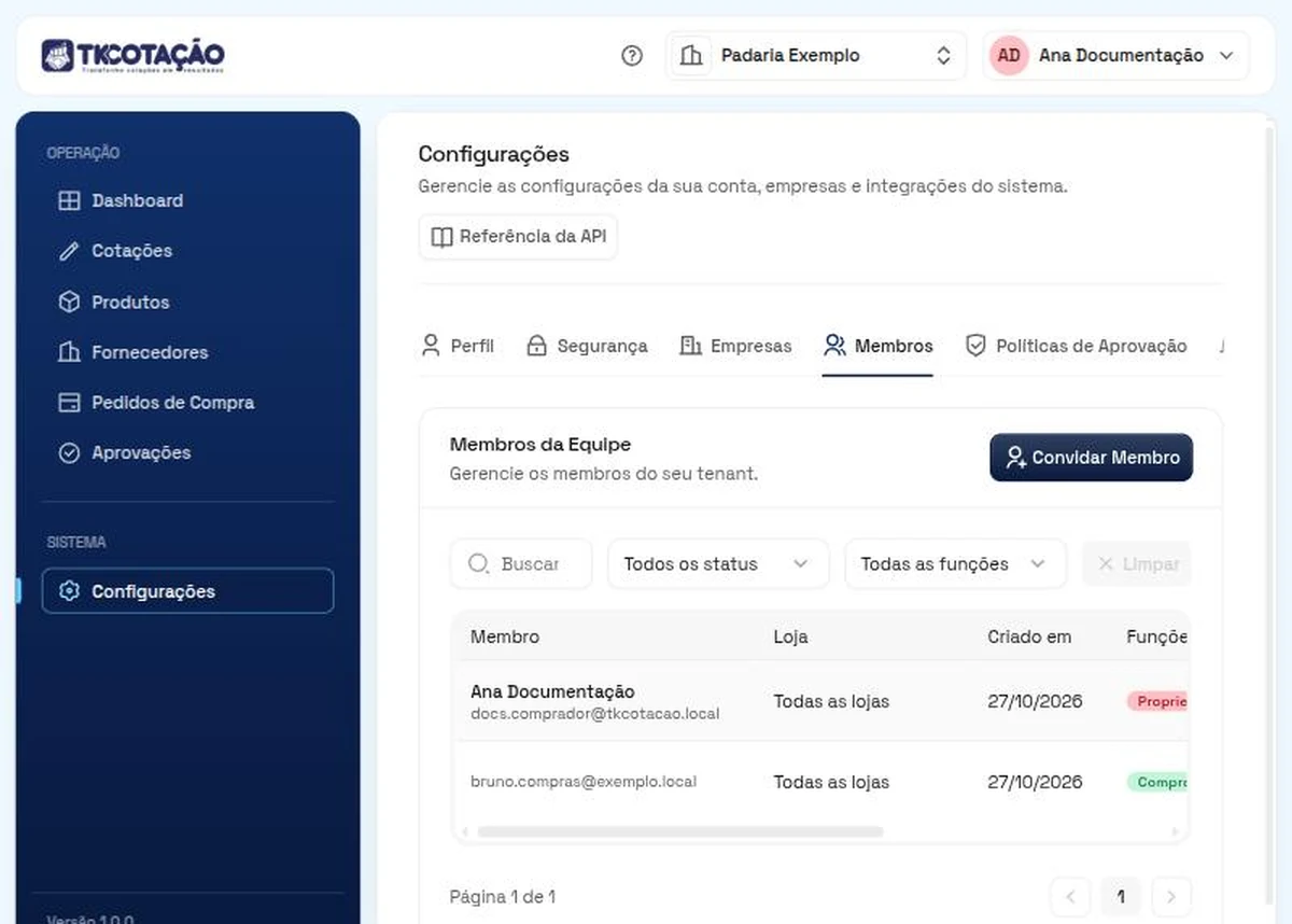Tela Membros da Equipe, com o botão Convidar Membro, a busca, os filtros de status e de função e a lista com o membro, a loja, a data e a função.