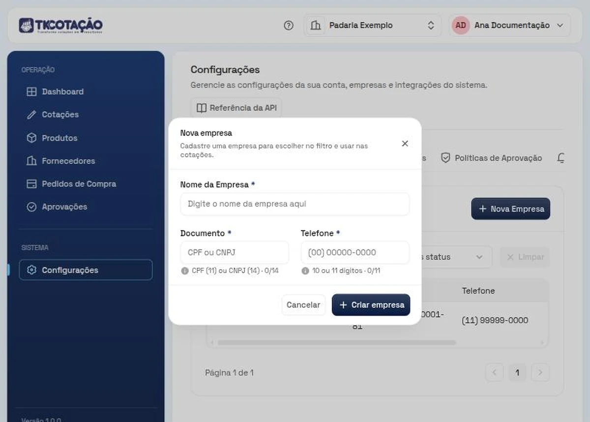 Janela Nova empresa, com os campos Nome da Empresa, Documento e Telefone e os botões Cancelar e Criar empresa.